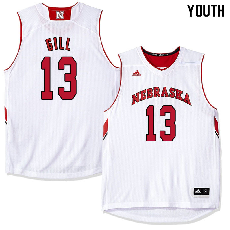 Youth Nebraska Cornhuskers #13 Anton Gill College Basketball Jersyes Sale-White